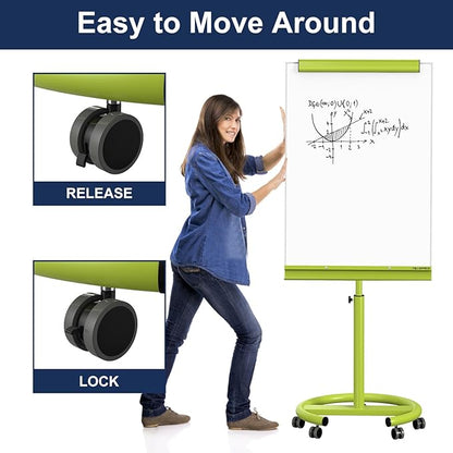 TSJ OFFICE Rolling Whiteboard Standing - 40 x 26 Inches Magnetic Mobile White Board with Stand, Height Adjustable Dry Erase Board on Wheels with Paper Clamp on Top, Green
