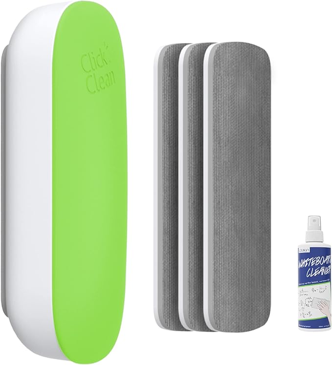 CLICK CLEAN Replaceable Dry Erase Board Eraser, 4-in-1 Magnetic Whiteboard Eraser with 3 Replaceable Felt Pads, Free 3.4oz Whiteboard Cleaner Included, Intended for Classroom, Home and Office