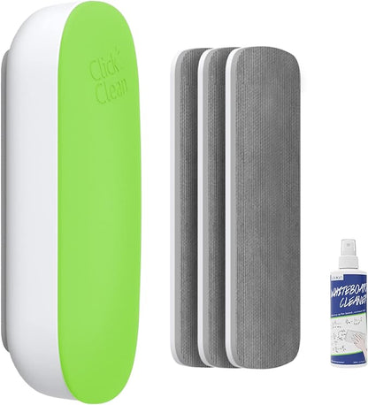 CLICK CLEAN Replaceable Dry Erase Board Eraser, 4-in-1 Magnetic Whiteboard Eraser with 3 Replaceable Felt Pads, Free 3.4oz Whiteboard Cleaner Included, Intended for Classroom, Home and Office