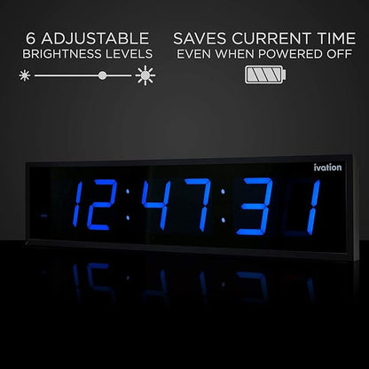 Ivation Oversized 24" Large Digital LED Clock | Big Digital Clock w/Multi-Function Display – Stopwatch, Timer, Alarms, Temp & Date | 6 Brightness Levels, Time Memory & Remote (Blue)