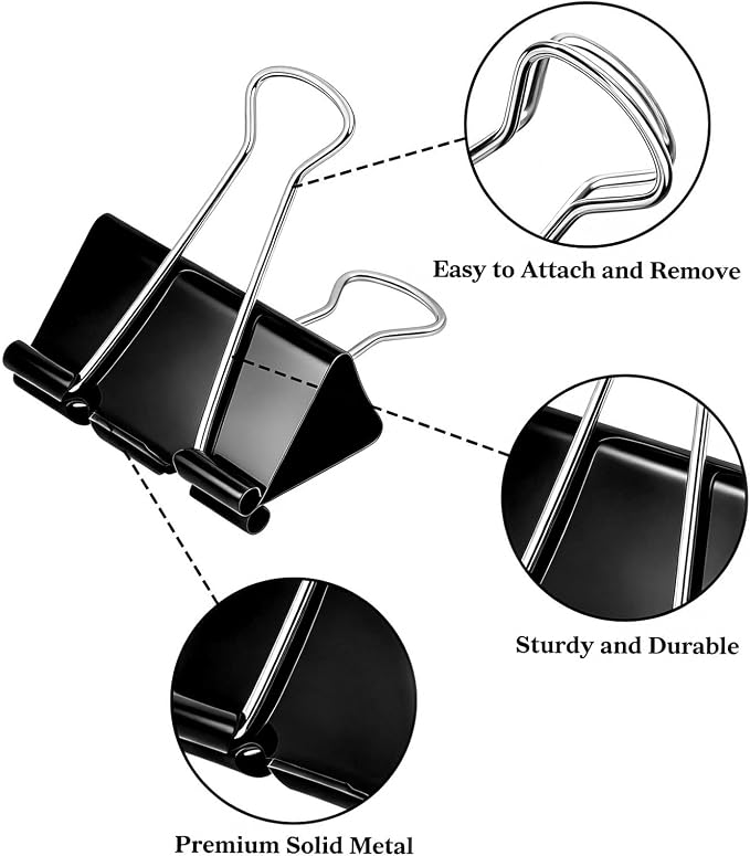 Temiary Binder Clips, Medium Metal Binder Paper Clip Black 0.98Inch, 48 Pcs | Paper Clamps with Clear Storage Container, Binding Paperwork Clamps for School Teachers Office Supplies