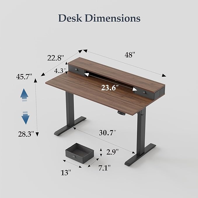 Klicelor 48 Inch Electric Standing Desk with Drawers, Adjustable Height Small Sit Stand Desk for Home Office, Compact Computer Workstation with Storage– Dark Walnut