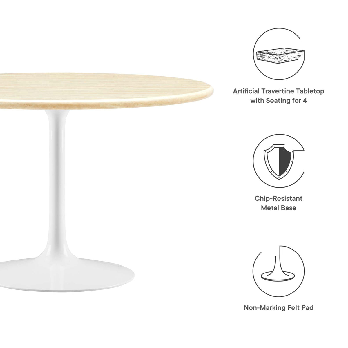 48" Round Artificial Dining Table with Tapered, Metal Base, White Travertine