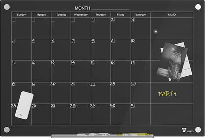 TOWON 47 x 35 Inch Glass Dry Erase Board Reminder, Magnetic Whiteboard Calendar Yearly, Monthly Planner Set for Office, Kitchen and School, Black
