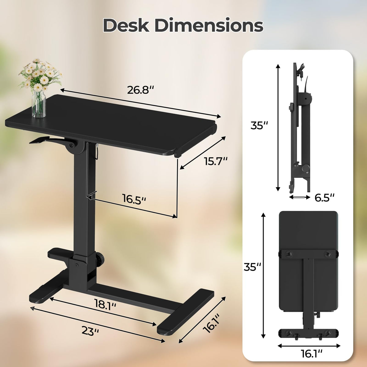 Foldable Mobile Standing Desk, 27 Inch Small Rolling Laptop Cart Height Adjustment, 90° Tiltable Sofaside Table, No Assembly Needed Portable Computer Workstation, Black