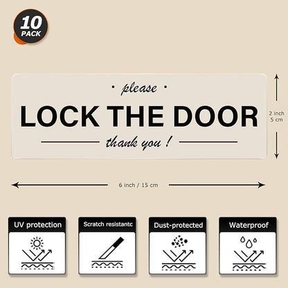 YIKIADA Please Lock The Door Sticker 6 × 2 Inches Vinyl Self-Adhesive Decals Waterproof Close Door Warning Labels Gate Office Window Indoor Clings 10 Pack