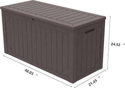 Decksplore 100 Gallon Outdoor Storage Box Waterproof, Lockable Resin Deck Box Patio Storage Bin for Pool Accessories Cushion Furniture, Garden Tools, UV-Resistant Outside Delivery, Brown