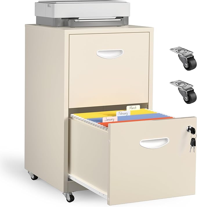 Kubohogar 2 Drawer Mobile File Cabinet with Lock, Cream Metal Filing Cabinets with Wheels, Vertical Rolling File Cabinet Fit Hanging Files, Letter and A4 Documents