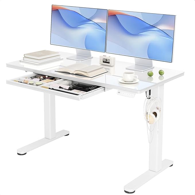 INNOVAR Glass Standing Desk with Drawers, 48 x 24 Inches Electric Height Adjustable Desk, Tempered Glass Top Stand Up Desks for Home and Office, White