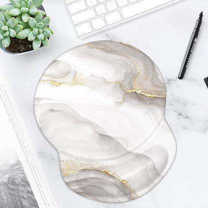 ITNRSIIET Ergonomic Mouse Pad with Gel Wrist Support Small Wrist Rest Smooth Surface Non-Slip PU Base Comfortable Office Supplies Pain Relief, 8.7 x 7.2 inches, White marbling