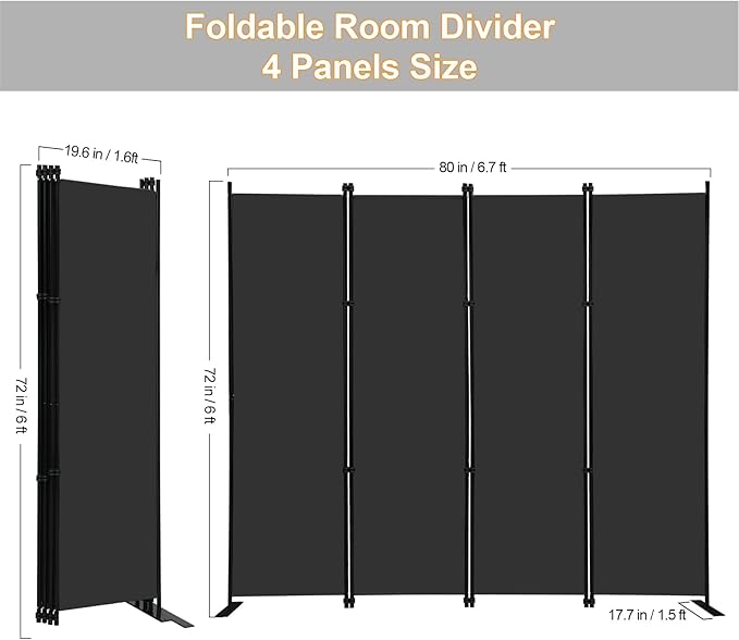 MAYOLIAH 4 Panel Room Divider Screen 6Ft Tall Foldable Privacy Dividers Indoor Wall Partition Room Separator Black