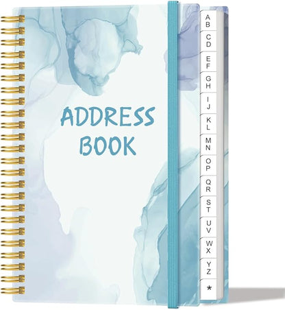 Address Book with Alphabetical Tabs - Small Address Book Spiral with Address Contacts, Special Date, Phone, Birthday & Internet Login Password for Home and Office, 4.3" x 6.2", Blue Watercolor