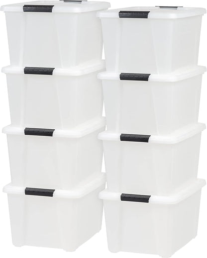 IRIS USA 33 Qt Stackable Plastic Storage Bins with Lids, 8 Pack - BPA-Free, Made in USA - Discreet Organizing Solution, Latches, Durable Nestable Containers, Secure Pull Handle - Pearl