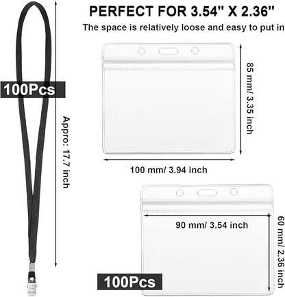 Marspark 100 Sets Clear Name Tags with Lanyard, Lanyards for ID Badges Reusable Strap with ID Holder Plastic Name Badges for Adults Business School Church Conference (Black)