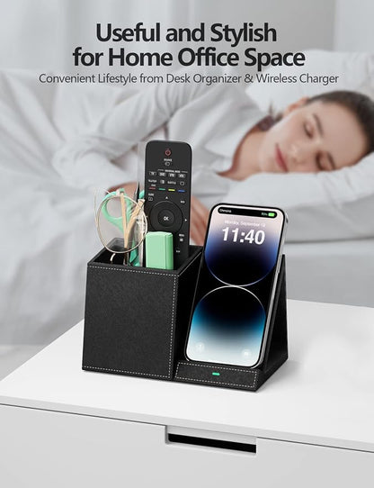 Desk Supplies Organizer, Multi-Functional Pencil Pen Holder with Wireless Charger, Desktop Stationery Organizer, Home Office Supply Storage Box Caddy (Black)