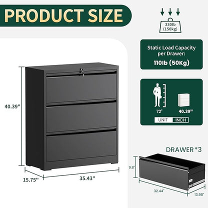 3 Drawer Lateral File Cabinet with Lock, Metal File Cabinets for Home Office, Office Furniture for Organization Hanging Legal/Letter/A4, Metal Filing Cabinet Storage Cabinet, Require Assembly, Black