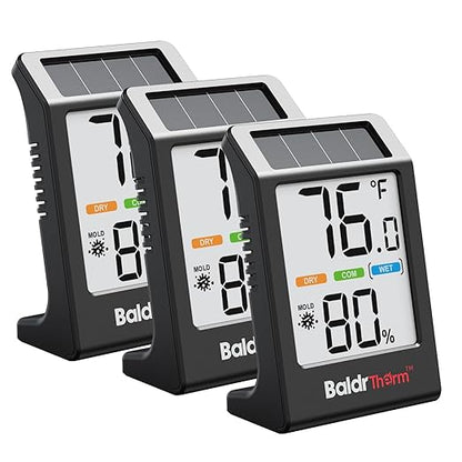 BaldrTherm Room Thermometer Indoor Humidity Meter, Solar-Powered 3.2'' Digital Temperature Sensor Monitor with 5-Comfort Indicator for Baby, Home, Office, Black, 3Pack