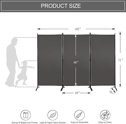 MAYOLIAH Partition Room Dividers 3 Panel Folding Privacy Screens 6 Ft Tall Portable Office Walls Dividers for Room Separator 102"x20"x71", Grey
