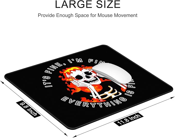 Auhoahsil Mouse Pad, 12 x 10 in Cute Skull Theme Computer Mouse Pad for Desk, Premium-Textured Non-Slip Rubber Stitched Edges Waterproof Square Mouse Mat for Gaming Work Wireless Mice, I am fine