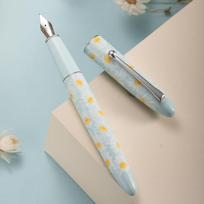 HONG DIAN C3 Fountain Pen, Iridium Fine Soft Nib Chinese Knot Carving, Light Blue & Little Daisy Painting Design with Metal Box Set