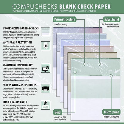 Compuchecks Check on Top Blank Check Paper - 100 Pack, Quick-Books & Laser Printer Compatible - Security Business Checks with Voucher - 8.5" x 11" Steel Blue Pinstripe