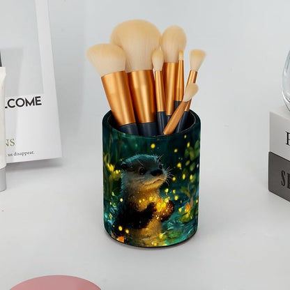 Cute Otter Leather Pen Holder for Desk, Multifunctional Desktop Organizer Pencil Cup, Desktop Caddy Stationery Organizer for School Home Office Desk Accessories