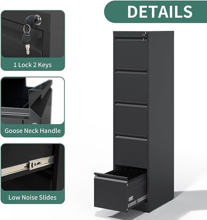 FLIXELIO 5 Drawer File Cabinet with Lock,Metal Vertical Filing Cabinets for Home Office,Heavy Duty File Storage Cabinet for Letter/Legal/A4/F4 Size File,Assembly Require (Black, Vertical 5 Drawer)