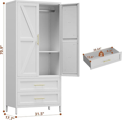 SUPEER Metal Wardrobe Cabinet with 2 Drawers and Hanging Rod, 70.9" H Metal Armoire Wardrobe Closet with Adjustable Shelf for Bedroom, Laundry Room, Home,Office,Installation Required,White