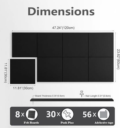 G Gamit Large Felt Wall Tiles Bulletin Board,Large Cork Board Alternative with 30 Pushpins,8-Pack Felt Pin Board with 56 Safe Removable Adhesive Tabs for Home Office School (Black)