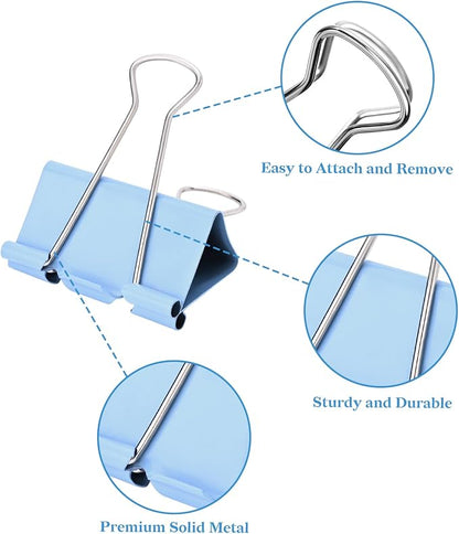 Temiary Aesthetic Binder Clips, Large Metal Binder Clip with Clear Storage Container, Binding Paperwork Clamps for School Teachers Office Supplies (Blue 1.6 Inch, 24P)