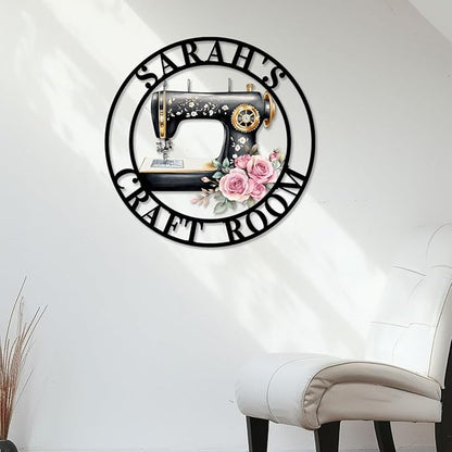 Custom Sewing Machine Metal Sign, Personalized Name Flowers Sewing Sign for Sewing Room Craft Room Decor Sign Sewing Metal Wall Art, Customized Sewing Family Name Sign for Mom Grandma