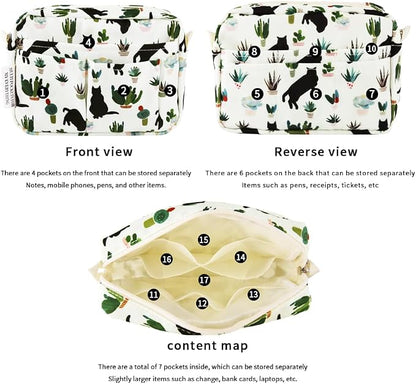 E-WEICHEN Multiple Pockets Portfolio Organizer with Zippered, Makeup Bag Travel Essentials for Women, Simple Waterproof Stationery Pencil Pouch Bag for Journal Office Art Supplies.White Black Cat