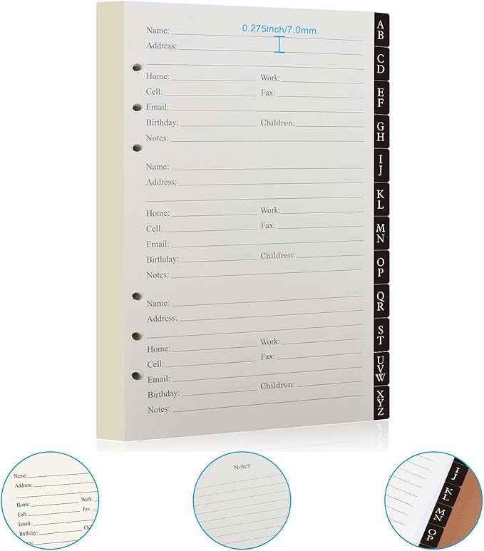 Refillable Address Book with Alphabetical Tabs, w/Pockets, 648 Large Print Telephone Birthday Email PU Leather Hardcover Durable for Women Men Seniors Home Office, 236Pages, A5, Black