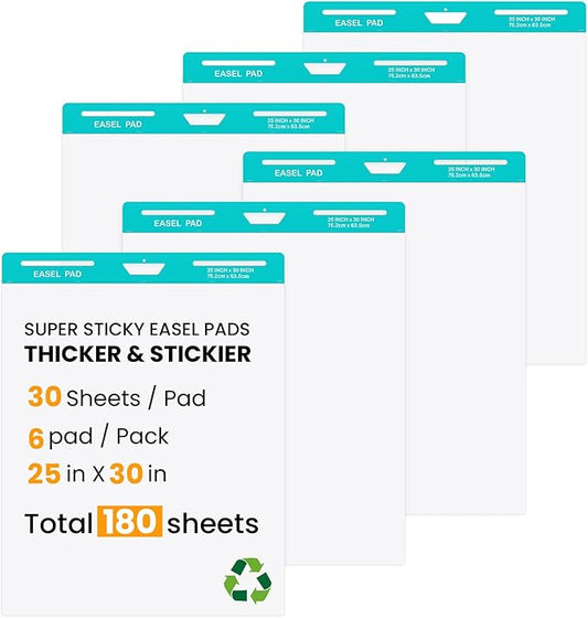 OLenyer Sticky Easel Pad, 25 x 30 Inch, White, 30 Sheets/Pad, 6 Pads/Pack, Flip Chart Paper for Teachers,Large Self-Stick Easel Paper, Super Sticking Power & Bleed-Resistant