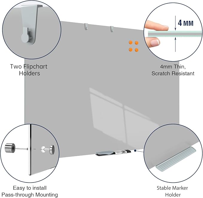 TSJ OFFICE Glass Dry-Erase Board - 48 x 32 Inches Wall Mounted Glass Whiteboard, Large Frameless Magnetic White Board for Office, Home & School, Gray