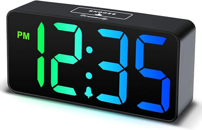 DreamSky Small Digital Alarm Clocks for Bedrooms - RGB Electric Alarm Clock for Kids Bedside Nightstand, Desk Clock with Large Numbers, Dimmer, Adjustable Alarm Volume, USB Port, USB-C Adapter Powered