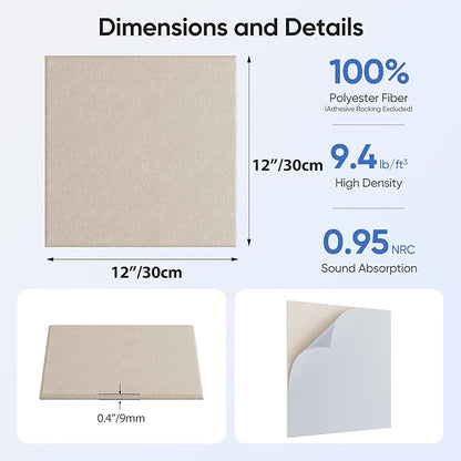 UNECHO 12 Pack 12" X 12" X 0.4" Acoustic Panels for Wall Sound Absorbing, Square Self-Adhesive Sound Panels, High Density Suitable for Multiple Scenarios(Light Camel)