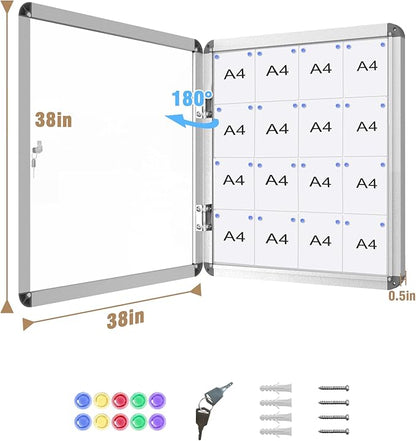 Mifuro 38"x38" Enclosed Bulletin Board, Lockable Weather-Resistant Aluminum Noticeboard for School & Office, Silver Frame w/Magentic Whiteboard