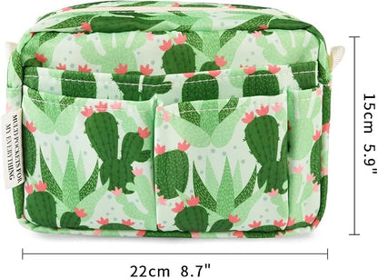E-WEICHEN Multiple Pockets Portfolio Organizer with Zippered, Makeup Bag Travel Essentials for Women, Simple Waterproof Stationery Pencil Pouch Bag for Journal Office Art Supplies.Green Cactus