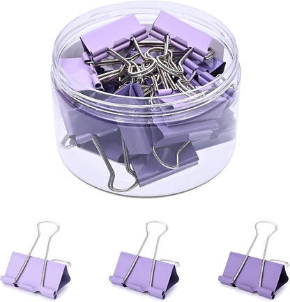Temiary Aesthetic Binder Clips, Medium Metal Binder Clip with Clear Storage Container, Binding Paperwork Clamps for School Teachers Office Supplies (Purple 1.26 Inch, 24P)