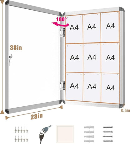 Mifuro 38"x28" Enclosed Bulletin Board, Lockable Weather-Resistant Aluminum Cork Noticeboard for School & Office, Silver Frame w/Cork