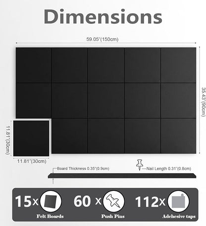 G Gamit Large Felt Wall Tiles Bulletin Board 59”x36”,Large Cork Board Alternative with 60 Pushpins,15 Pack Felt Pin Board with 112 Safe Removable Adhesive Tabs for Home Office School (Black)