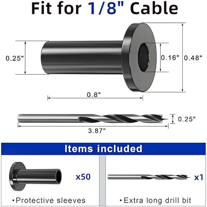 50 Pack Cable Railing Protector Sleeves for 1/8” Deck Railing System, Black Cable Railing Kit Hardware for Wood Post, T316 Stainless Steel Marine Grade DB58