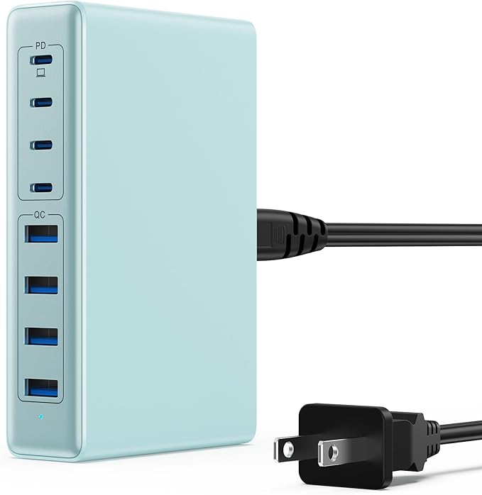 200W USB C Charger Block,GaN IV Charging Station 8 Ports,QC4.0 Fast Charging Station Hub+PD 65W USB C Laptop Charger Adapter Compatible with MacBook Air/Pro,DELL,iPhone 17/16,iPad,Steam Deck-Sky Blue
