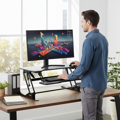 Mount-It! 38" Standing Desk Converter, Desktop Sit-Stand Desk Riser with Gas Spring Height Adjustment, Compact Desk Topper for Dual Monitors or Laptop, Keyboard Tray, Black
