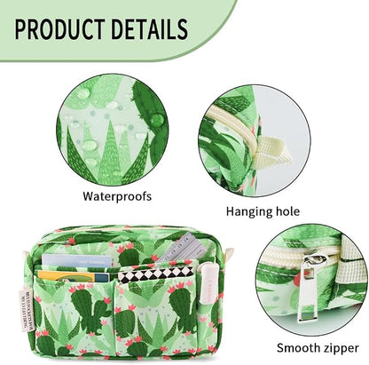 E-WEICHEN Multiple Pockets Portfolio Organizer with Zippered, Makeup Bag Travel Essentials for Women, Simple Waterproof Stationery Pencil Pouch Bag for Journal Office Art Supplies.Green Cactus
