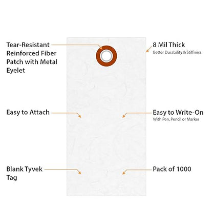 SmartSign (Pack of 1000) 3.75 x 1.875 inch “White” Blank Tyvek Shipping Tags with Metal Eyelets, Size #3, 8 mil Thick Tyvek, Made in USA