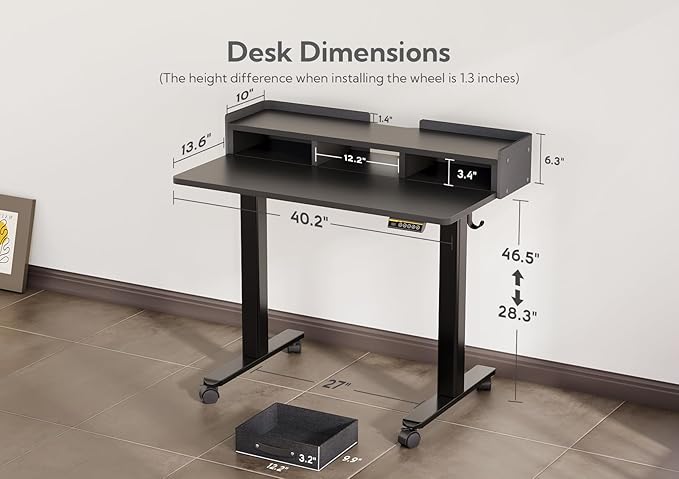 Claiks Standing Desk with Drawers, Adjustable Stand Up Electric Small Standing Desk Adjustable Height with Storage Shelf and Splice Board, 40 Inch, Black