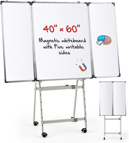 40" x 60" Rolling Whiteboard Foldable Dry Erase Board with Stand, Large Tri Folding Whiteboard Magnetic Dry Erase Board, Wall Aluminium Frame and Pen Tray for Education Office Home