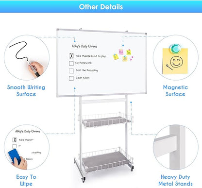 maxtek Rolling Whiteboard, 48x32 Large Magnetic White Board with Stands, Big White Board Dry Erase on Wheels with Baskets for Classroom, Office, Homeschool, Home Office